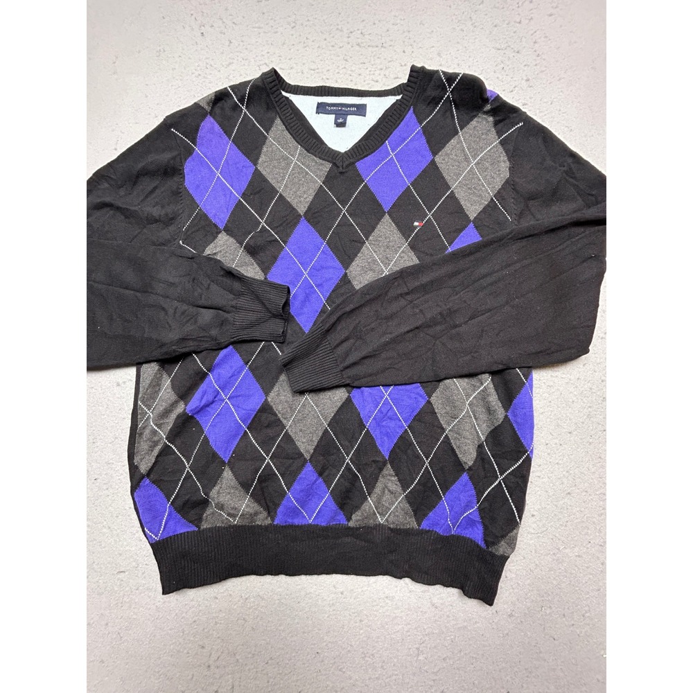 Tommy Hilfiger Sweater 100% Cotton Argyle Purple Grey Black Medium Mens